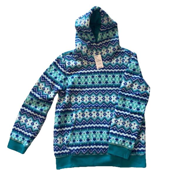 NWT Lands End Girls Large 10-12 Sherpa Pullover Hoodie Spade Blue Chevron NWT - Picture 1 of 5